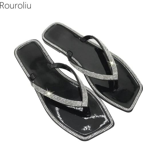 Rouroliu Rhinestones Jelly Flip Flops Women Summer Flat Shoes 2021 New Casual Slides Ladies Glitter Slippers Square Toe