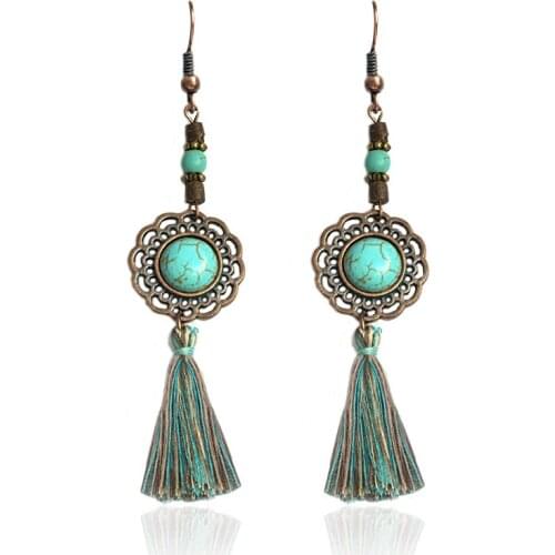 Vintage Ethnic Stone Blue Color Earring holder Charm flower Tassel fringe beaded earrings Boho Simple Statement Jewelry Ear