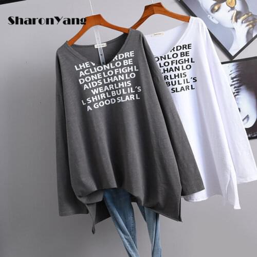 2021 Spring&summer New Ovesize Loose Long Sleeve Women T-shirt Fashion V-neck Casual Style T Shirt Plus Size Cotton Base Shirt