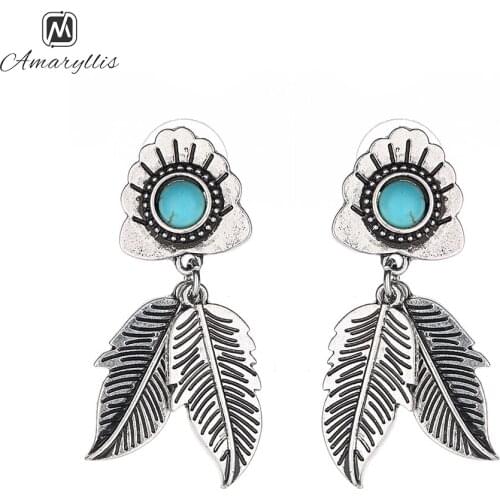 Amaiyllis Ethnic Carved Metal Leaf Statement Stud Earrings For Women Vintage Geometric Stone Post Earrings Retro Pendant Earring