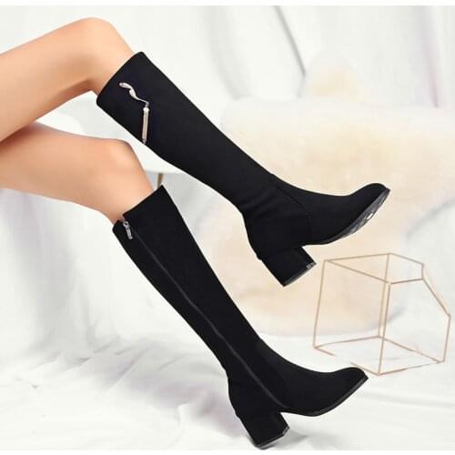 Fashion Warm Winter Shoes Black Knee High Boots for Women Wide Calf Comfort Square Zipper Round Toe Metal Knight Boots Size 43