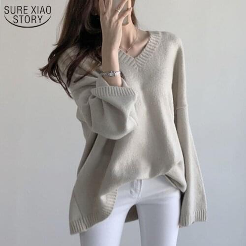 2021 Winter New Loose Long Sleeve Sweater Women Chic V-neck Solid Long Knitted Sweater Pullover Plus Size Womens Knitwear 11031