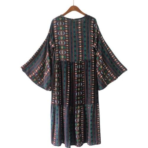 40%HOT Bohemian Style Printed V-Neck Women Summer Long Sleeve Beach Vacation Slit Dress