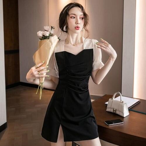 Women Fashion Dress Summer 2021 French Luxury Slim Puff Sleeve Mid-length Dress Square Neck Shirring Black Split Chiffon Dress