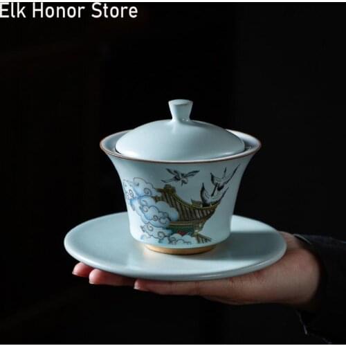 140ml Days Celadon Glaze Ru Ware Rui He Tureen Japanese Large Ceramic Tea Bowl Cup Ru-Porcelain Gaiwan Tureen Gracked