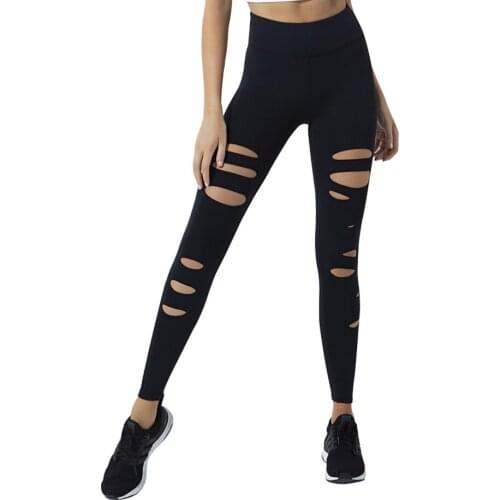 Women Yoga Long Pants Running Cutout Ripped Sexy High Waist Solid Sports Tummy Control Workout Running Yoga Skinny Leggings
