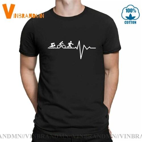 Funny Summer Heartbeat Triathlon T Shirt Men O Neck Cotton Triathlon Swim Cycling Bike Run T-shirts Man Camisetas Gift