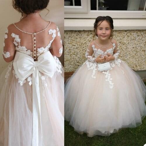Classic Tulle Flower Girl Dress With Bow Appliques Long Sleeve For Wedding Birthday Ball Gown First Holy Communion Dresses
