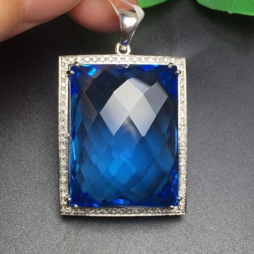 Fine Jewelry Collection Real 18K White Gold 100% Natural Blue Topaz Gemstone Pendant Necklace