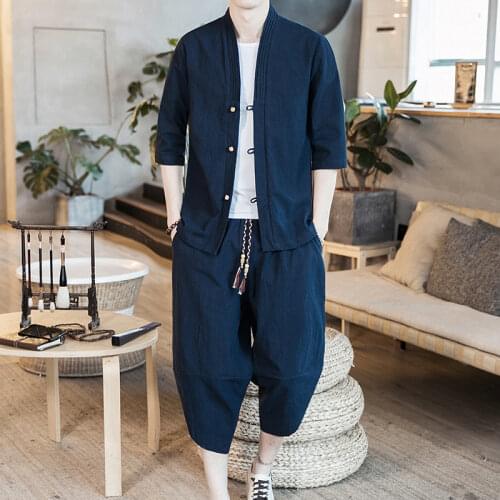 Summer Japanese Style Clothing Set Samurai Man T-shirt Trousers Linen Breathable Chinese Suit Kimono Top Cropped Pants Outfit