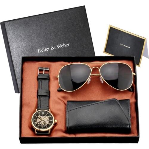 Keller & Weber Mechanical Men Watch Present Sets Included Key Package Sunglasses Accessories Birthday Watch Gifts Set