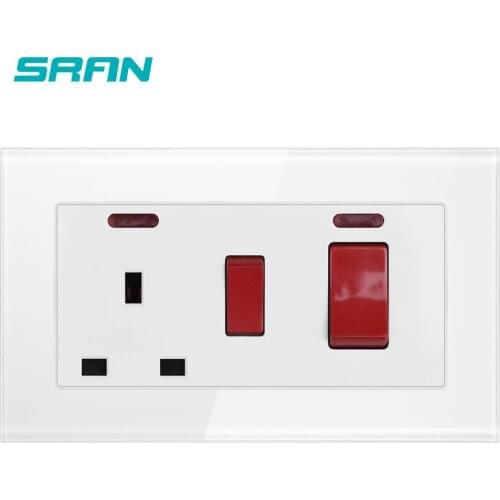 SRAN 45A DP Wall Cooker Switch + 13A BS UK Standard Switched Socket With Neon 3x6 Size Crystal Tempered Glass Panel