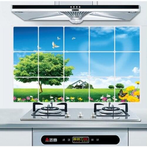 New large high temperature aluminum foil stove tile anti-oil dirt kitchen sub-landscape tree anti-oil stickers