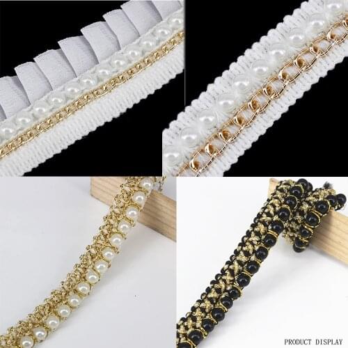 Beaded Pearl White Gold Trimming Lace Ribbon Trim scrapbooking Applique Embellishment Sewing renda For Wedding Dress 5yd/T1224
