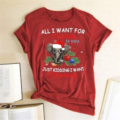 Funny Christmas T Shirt Short Sleeve Graphic Tees Round Neck Top Women All I Want for Christmas Is You Elephant Printed T Shirt