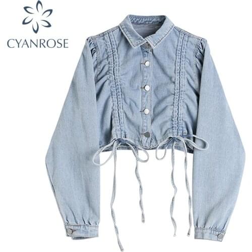 2021 Autumn Pleated Button Denim Jacket Womens Hip Hop Street Style Cropped Hot Selling Drawstring Breasted Denim Coats Female