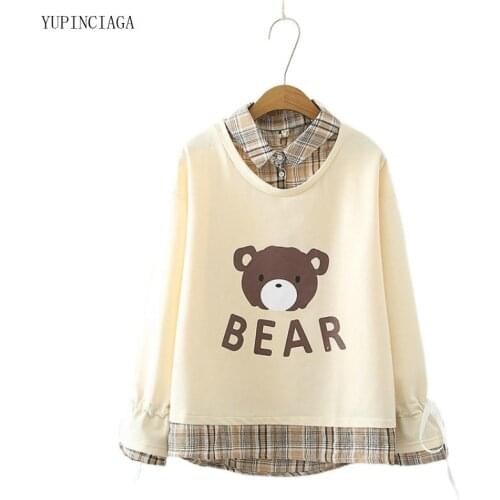 Women Harajuku Cute Sweatshirt 2021 Summer Japan Style New Cartoon Print Turndown Collar Casual Fake 2 Piece Pullovers 0572