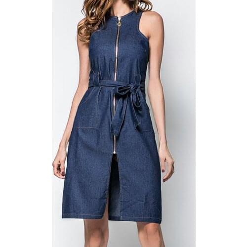 Summer New O Neck Womens Denim Chain Pull Cardigan Split Dress Elegant Sleeveless Blue Ladies Casual High Street Clothing 2021