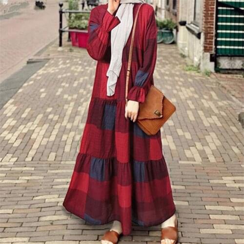 Autumn Vintage Womens Long Dress Boho Muslim Abaya Robe Arab Qatar Dubai Elastic Long Sleeve Ruffle Floral Maxi Dress Plus Size