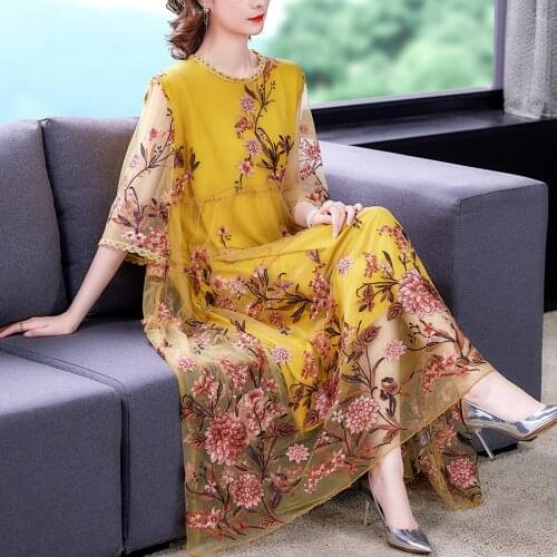 2021 Summer Vintage Women 3/4 Sleeve Embroidery Yellow Mesh Long Dress , Woman Clothes 4xl 5xl Ruffled Dresses