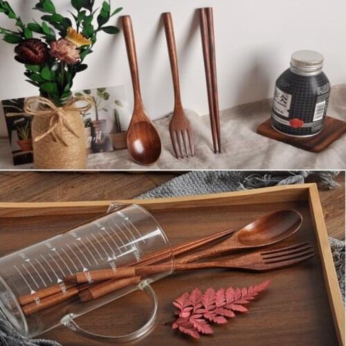 1 Set Korean Style Wooden Tableware Fork Spoon Chopsticks 3-piece Set Solid Wood Long Handle Spoon Chopsticks Portable Tableware
