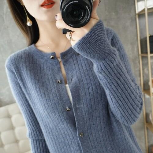100% pure wool sweater autumn/winter 2021 new cashmere sweater womens round neck cardigan casual knitted warm plus size tops