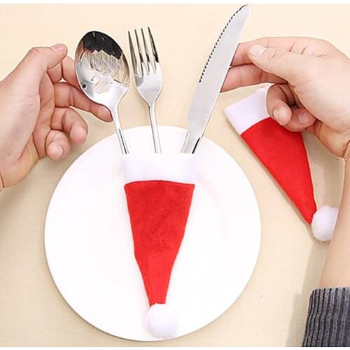 20Pcs Christmas Tableware Bags Cutlery Holder Mini Santa Hat Holiday Dinner Table Decoration Great for a Merry Christmas Party