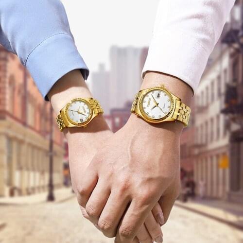 Luxury Brand Couple Watch Stainless Steel Waterproof Quartz Couple Watches For Lovers Date Clock Gold Watch Men Women With Box