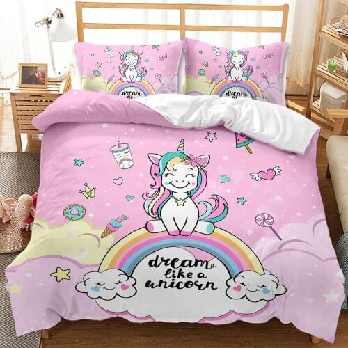 Hot Sale Cartoon Unicorn Kids Girls Pink 3D Bedding Set Duvet Cover Bedcllothes Animal Printed Queen King Size Home Bed Linens
