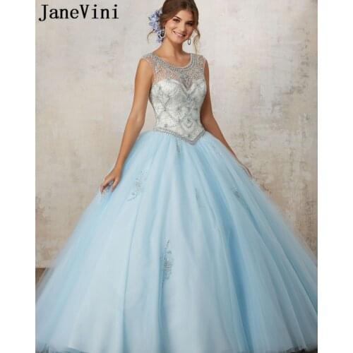 JaneVini Luxury Light Sky Blue Ball Gown Quinceanera Dresses Scoop Neck Beading Puffy Tulle Prom Party Gowns Vestidos De 15 Anos