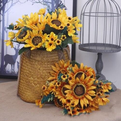 Simulation 12 Heads Sunflower Bouquet Silk Flower Home Living Room Decoration Fake Flowers Wedding Bouquet Photography Props