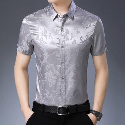 Mens 2021 Summer Silk Clothes Fahion Floral Shirts Male Short Sleeve Soft Silk Dress Shrit Man Casual Streetwear Shirt