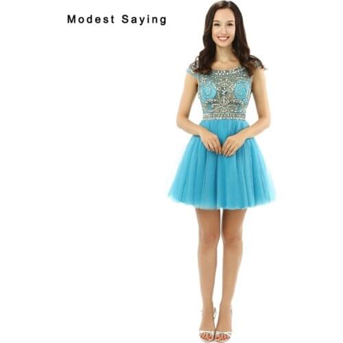 New 2017 vestido curto festa com tule Luxury Blue Short Homecoming Dresses with Rhinestone Formal Mini 8 grade Graduation Gowns