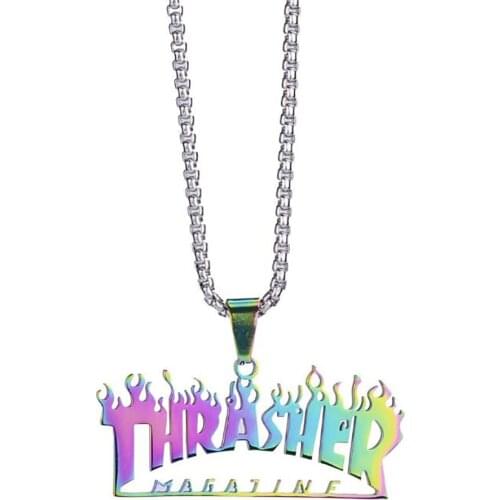Stainless Steel Rainbow Color Magazine Flame Pendant Necklace Hip Hop Brand Pendant Necklace For Him with 60cm Chain