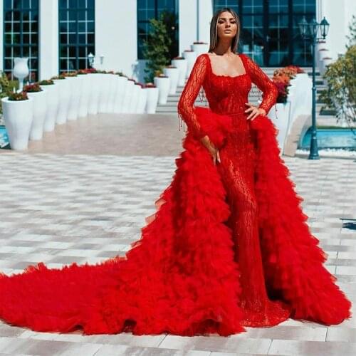 Luxury Evening Dress with Detachable Train Long Sleeve Tiered Skirts Bead Prom Dresses Vestidos Customize Formal Celebrity Gowns