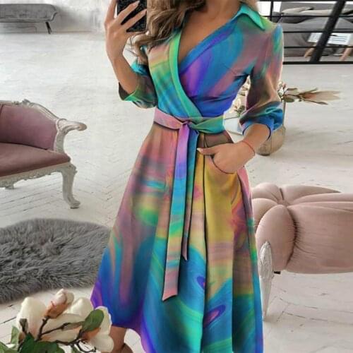 Tie Dye Ruffle Women Dresses Summer Sexy V Neck Long Sleeve A Line Wrap Sundress Sexy Party Elegant Slim Knee Length Dress 4