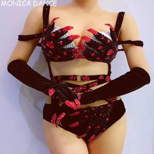 Sexy Stage Red Black Rhinestones Hand Finger Pattern Velvet Bodysuit Gloves Women Dancer Bar Show Wear Bandage Bikini Outfit Set