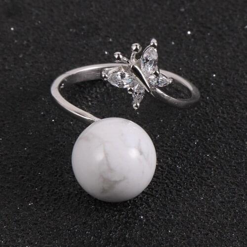 Rhinestone Butterfly Round Natural Stone Opal Howlite Adjustable Ring Silver Plated Opening Wedding Bands Rings For Women