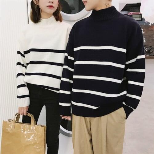 Striped Sweater Fashion Casual Pullover Male Clothes Casual Loose Long-sleeved Top Sweater Autumn Winter Half High Collar Coat