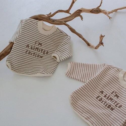 2021 Autumn New Baby Boy Striped Sweatshirt Long Sleeve T Shirt Tops Letter Print Kids Girls Bottoming Shirts Cotton Pullover