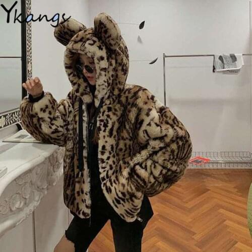 Loose Leopard Print Artificial Rex Rabbit Fur Coat Cartoon Ears Hooded WomenS Jacket New Autumn Winter Chaqueta Mujer Clothing