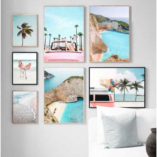Tropical Sea Beach Palm Flamingo Car Sky Wall Art Canvas Painting Nordic Posters And Prints Wall Pictures For Living Room Decor