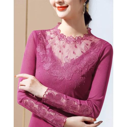 New 2021 Spring Flowers Hot Drilling Lace Shirt Fashion Embroidered Long Sleeve Ladies Tops and Tees Plus Size Women T-Shirt