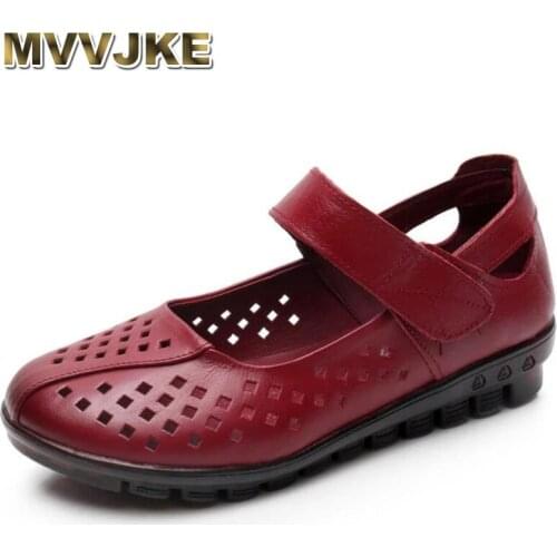 MVVJKE Hot 2021 New Spring Summer Hollow Cool Breathable Genuine Leather Sandals Soft Bottom Comfortable Flat Shoes Women Casual
