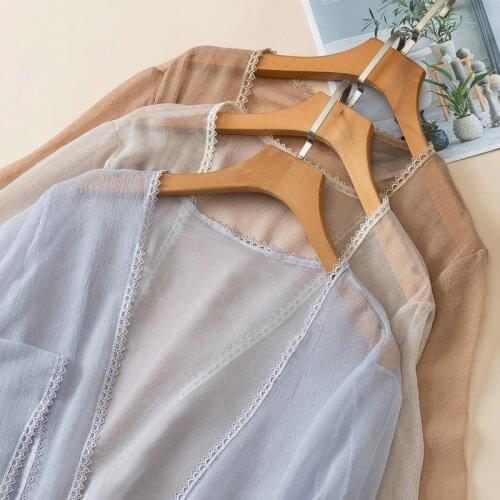 2020 New Summer Women Thin Cardigans Jacket Hollow Out Lace patchwork Cardigan Female Long Sleeve Shawl Coat Short Tops AB1874