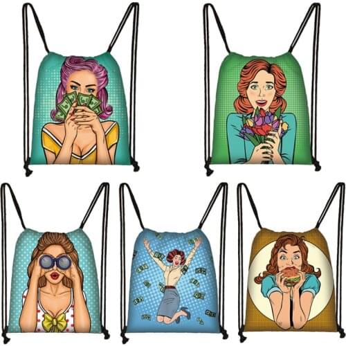 American Style Girls Printing Drawstring Bag Take The Money Women Backpacks for Travel Ladies Fashion Handbagd Casual Shoe Bag