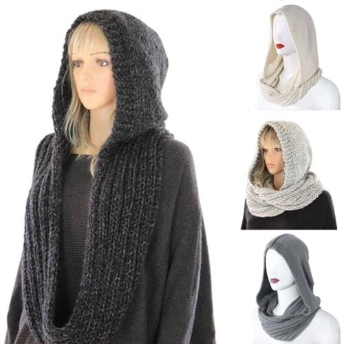 Women Winter Crochet Knit Hood Infinity Scarf Outdoor Windproof Warm Long Shawl Wrap Solid Color Earflap Hat Neck Warmer