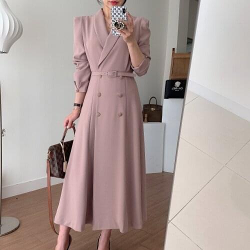Autumn Office Ladies Chic Turn Down Collar Dress Pink Elegant Women Double-breasted Long Maxi Dresses Vintage Party Vestidos New