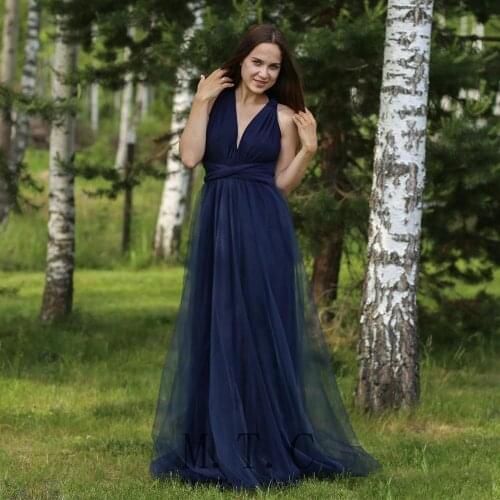 Elegant Navy Blue Tulle Long Bridesmaid Dresses V Neck A Line Floor Length High Quality Wedding Party Women Dress 2019 New