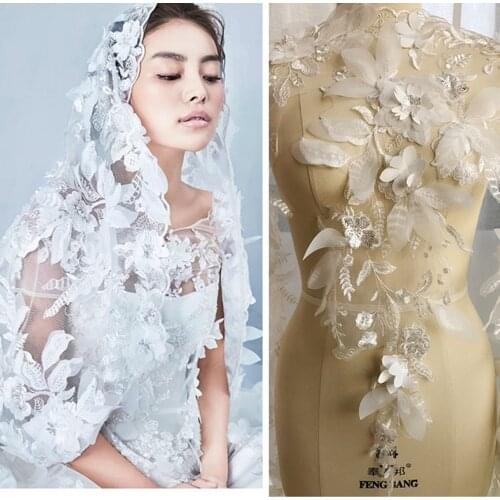 1 Piece (88*66cm) Off white polyester on mesh heavy 3D Flower embroidery sequins wedding dress lace fabric